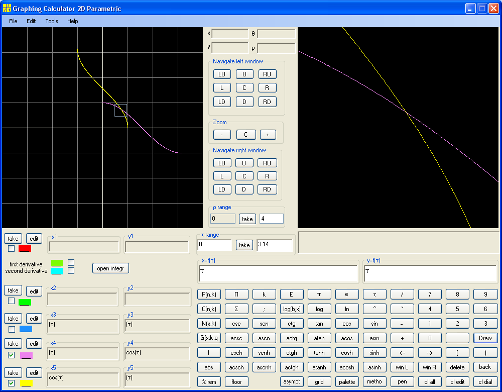 y=cos(x) and y=acos(x) on [0, pi]